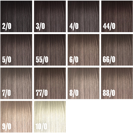 Natural shade swatches: 2/0, 3/0, 4/0, 44/0, 5/0, 55/0, 6/0, 66/0, 7/0, 77/0, 8/0, 88/0, 9/0 and 10/0