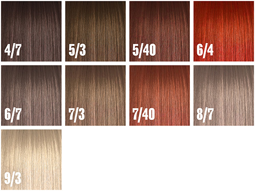 Warm shade swatches: 4/7, 5/3, 5/40, 6/4, 6/7, 7/3, 7/40, 8/7 and 9/3